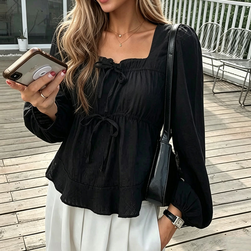 Tie Front Shirt - Elegante strikblouse met veters voor dames,