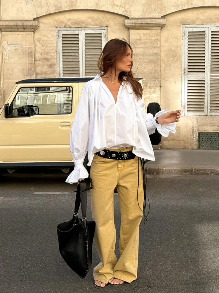 Tie Front Shirt - Witte blouse met V-hals, strikdetail, lantaarnmouwen,