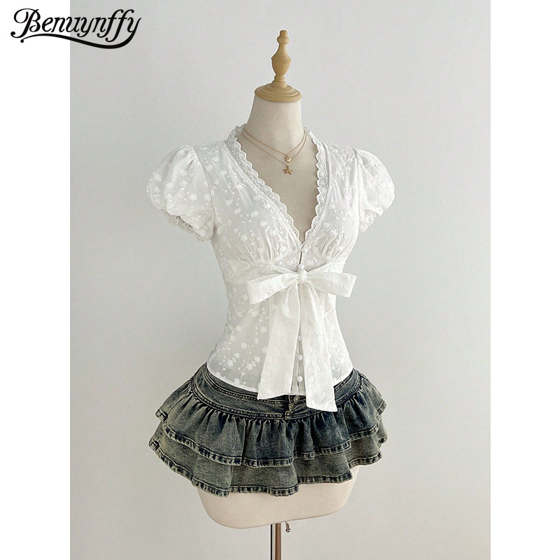 Tie Front Shirt - Benuynffy Witte V-hals Puff Sleeve Bow