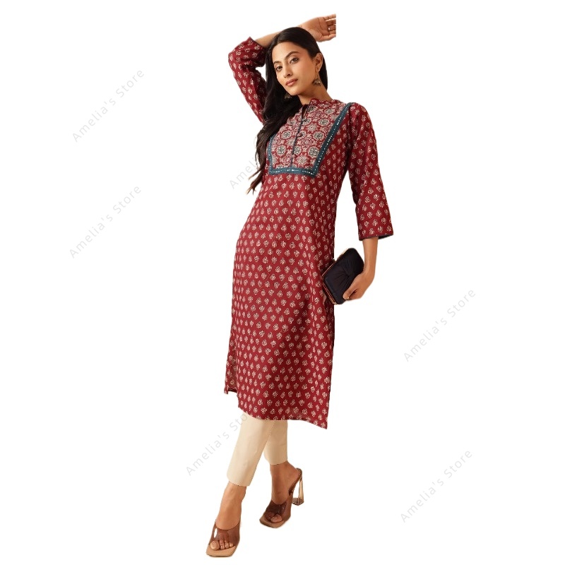 Summer Clothing Pakistan - Lente Zomer Dames Etnische Kastanjebruine Bloemenprint