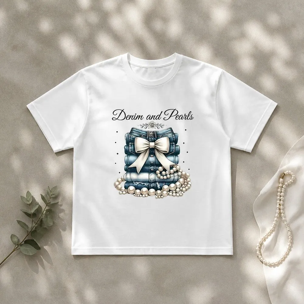 Summer Clothing Must Haves - Denim shirt met parelprint, ronde hals