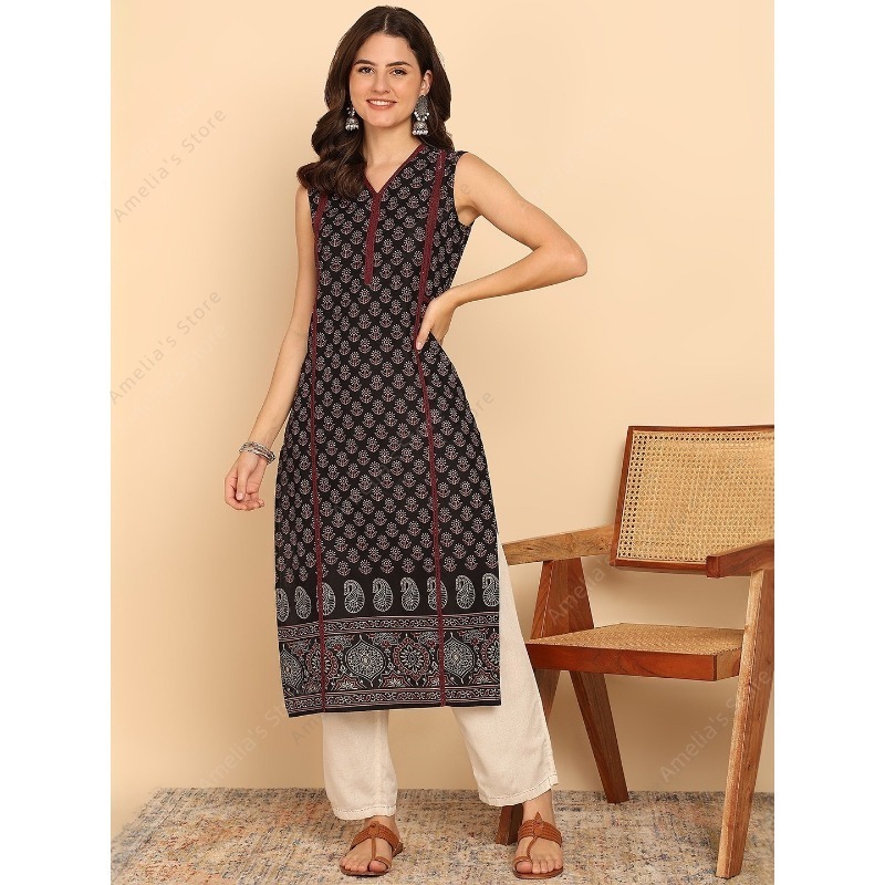 Summer Clothing Pakistan - Indiase etnische stijl dames zwart-groene katoenen