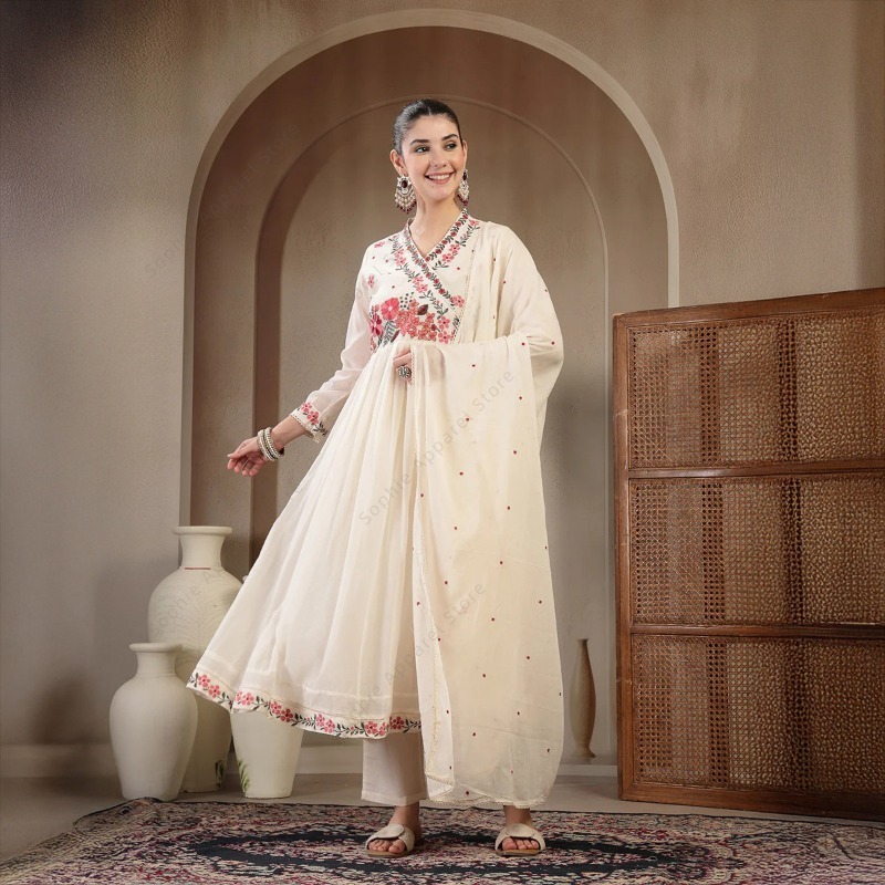 Summer Clothing Pakistan - Witte katoenen Anarkali Kurti set met